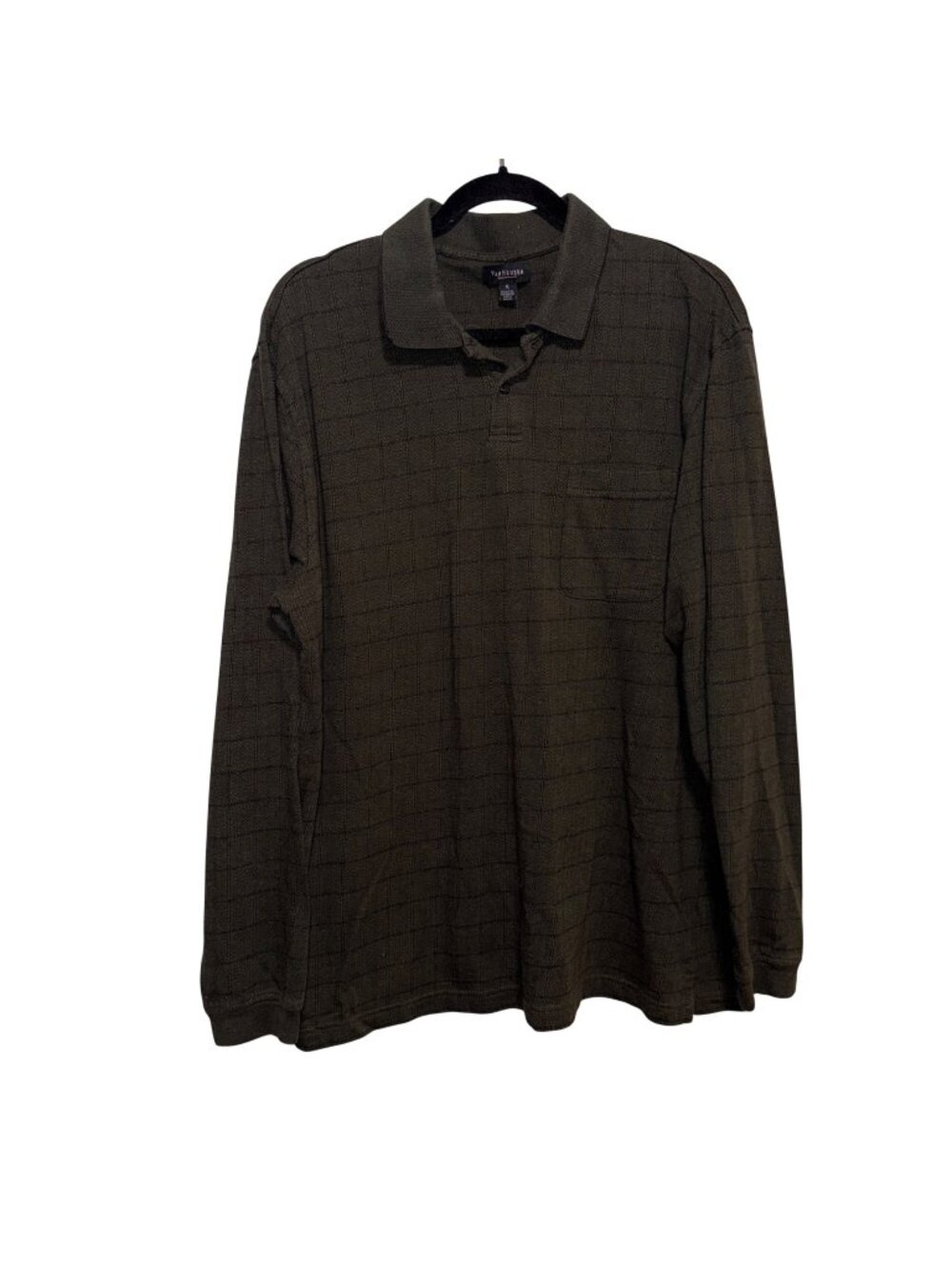 Van Heusen XL Long-Sleeve Gray Polo Shirt Grid Pattern Mens Casual Top